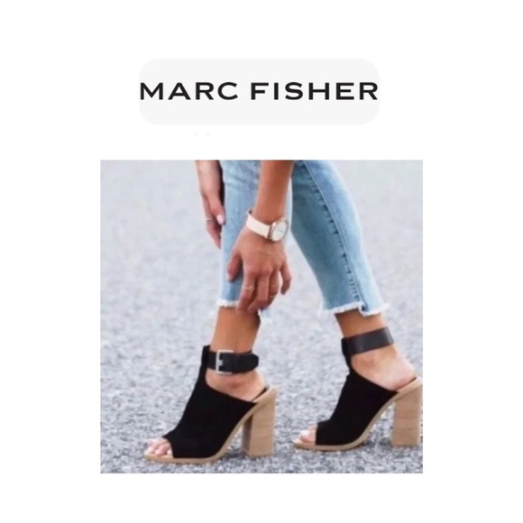 Marc Fisher Black Suede Wedge Chunky Heel Sandal Booties Ankle Strap 8.5 - Picture 1 of 15